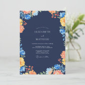 Navy Oker Wildebloemen Bruiloft Kaart (Staand voorkant)