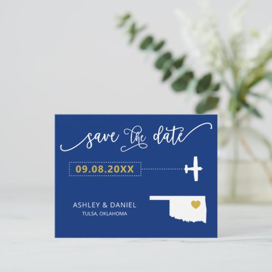 Navy Oklahoma Wedding Save the Date Map Briefkaart (Staand voorkant)