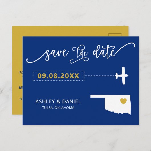 Navy Oklahoma Wedding Save the Date Map Briefkaart (Voorkant / Achterkant)