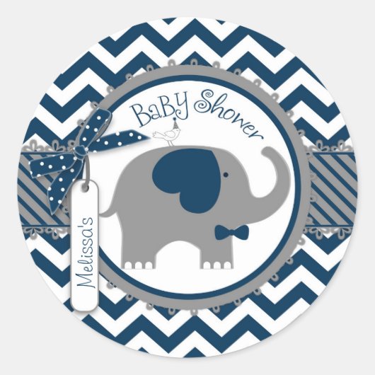 Navy olifant Bow-stropdas Chevron Print Baby showe Ronde Sticker (Voorkant)