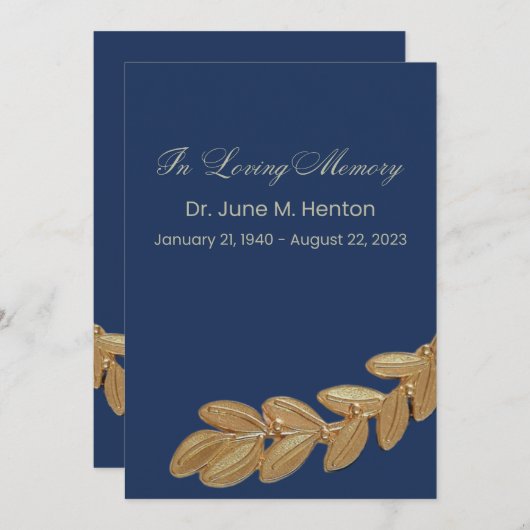 Navy Olijfblad begrafenis herdenkingsprogramma Programmakaart (Voorkant / Achterkant)