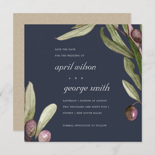 NAVY OLIVE WATERKLEUR LOOF SAVE THE DATE KAART (Voorkant / Achterkant)