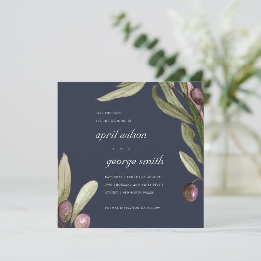 NAVY OLIVE WATERKLEUR LOOF SAVE THE DATE KAART (Staand voorkant)
