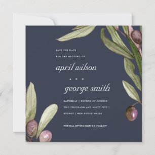 NAVY OLIVE WATERKLEUR LOOF SAVE THE DATE KAART