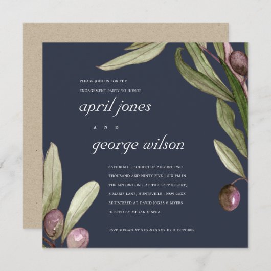 NAVY OLIVE WATERVERF PAARS VERLOVING INVITE BEDANKKAART (Voorkant / Achterkant)