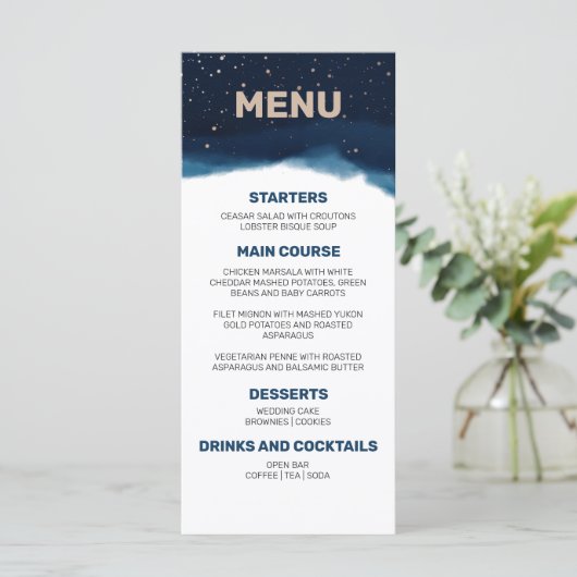Navy Ombre Sky met Bronze Sterren Bruiloft Menu (Staand voorkant)