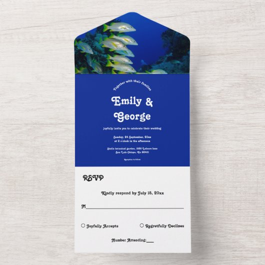 Navy Onder het Zee Fish Coastal Beach Wedding All In One Uitnodiging (Binnen)