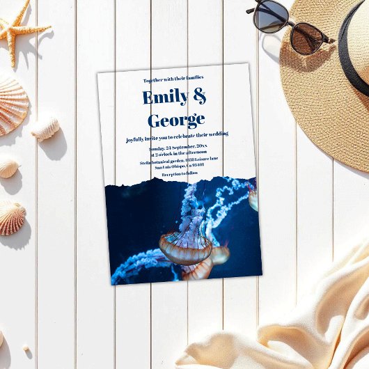 Navy Onder het Zee Jellyfish Beach Kustbruiloft Acryl Uitnodigingen