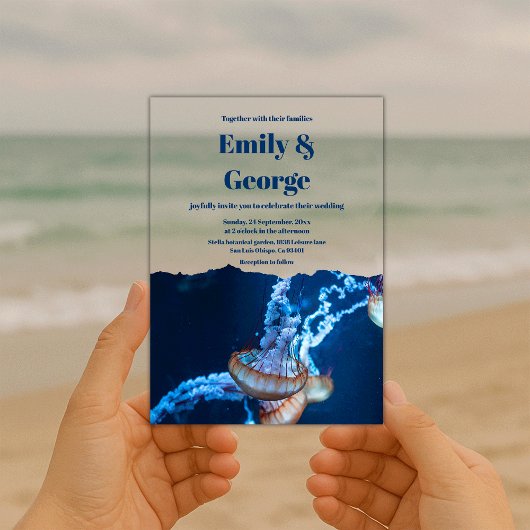 Navy Onder het Zee Jellyfish Beach Kustbruiloft Acryl Uitnodigingen