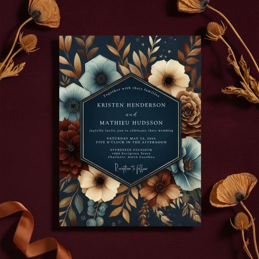 Navy Opulent Bloom Wedding Kaart