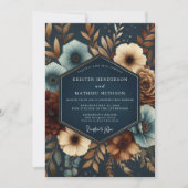 Navy Opulent Bloom Wedding Kaart (Voorkant)