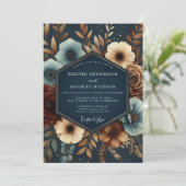 Navy Opulent Bloom Wedding Kaart (Staand voorkant)