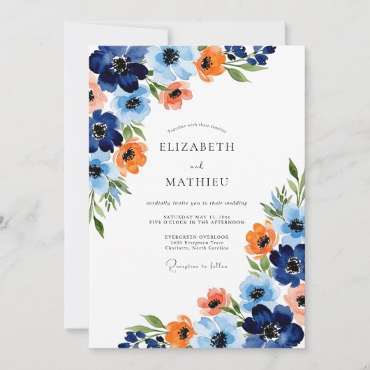 Navy Orange Painterly Bloom Wedding Kaart (Voorkant)