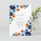 Navy Orange Painterly Bloom Wedding Kaart (Staand voorkant)