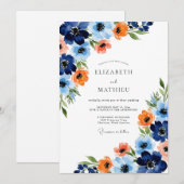 Navy Orange Painterly Bloom Wedding Kaart (Voorkant / Achterkant)