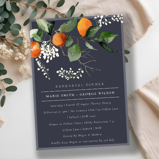 Navy Oranje Blossom Fauna Rehearsal Dinner Invite Bedankkaart