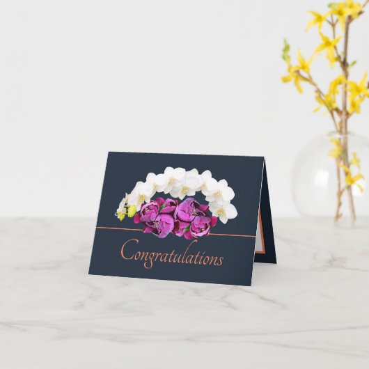 Navy Oranje Orchidee/Pioen Boeket Gefeliciteerd Kaart (Gele Bloem)