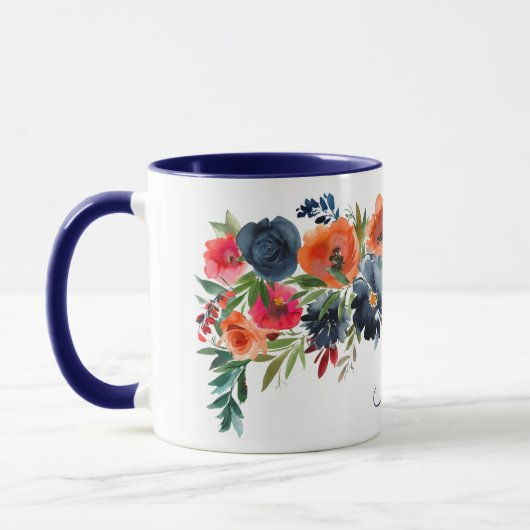 Navy Oranje Red Rustic Waterverf Roos Floral Name Mok (Links)