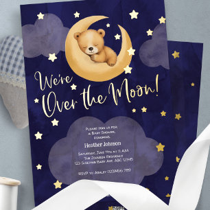 Navy Over de Maan Teddy Bear Twinkle Kleine Sterre Folie Uitnodiging