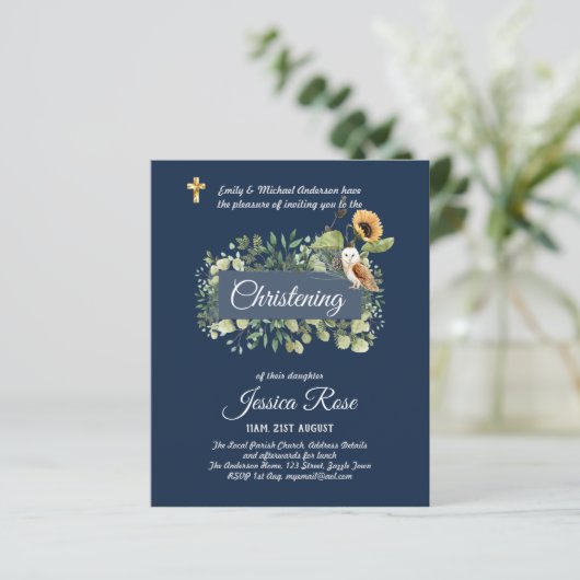 Navy Owl Zonnebloemen Doop Uitnodigingen Doopfeest (Staand voorkant)