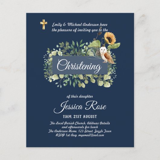 Navy Owl Zonnebloemen Doop Uitnodigingen Doopfeest (Voorkant)