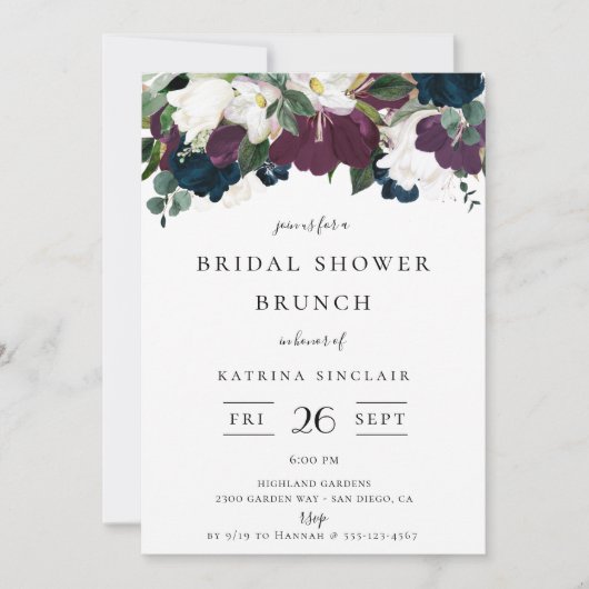 Navy Paarse Ivoor Herfst Bloemen Vrijgezellenfeest Kaart (Voorkant)