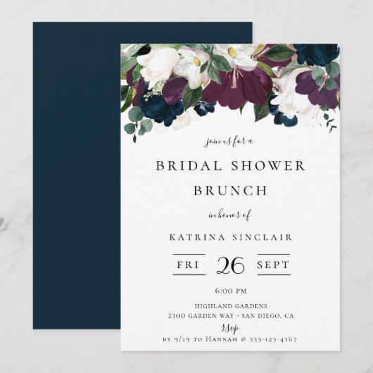 Navy Paarse Ivoor Herfst Bloemen Vrijgezellenfeest Kaart (Voorkant / Achterkant)