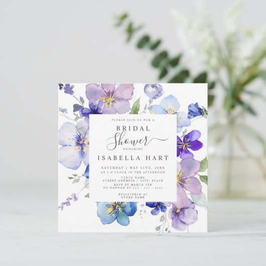 Navy Paarse Mauve Pansy Viola Floral Vrijgezellenf Kaart (Staand voorkant)