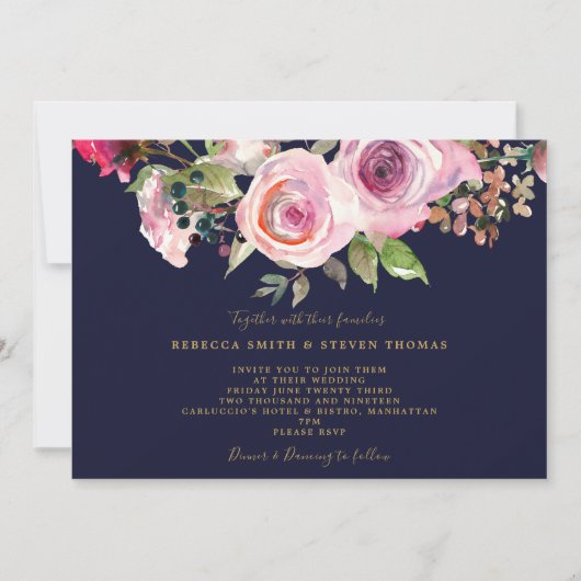 Navy paarse rozen Bloemen Huwelijksuitnodiging Kaart (Voorkant)