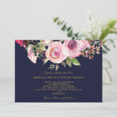 Navy paarse rozen Bloemen Huwelijksuitnodiging Kaart (Staand voorkant)