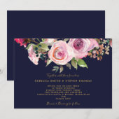 Navy paarse rozen Bloemen Huwelijksuitnodiging Kaart (Voorkant / Achterkant)