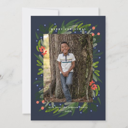 Navy Painted Greenery Lijst Photo Holiday Card Feestdagenkaart (Voorkant)