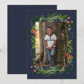 Navy Painted Greenery Lijst Photo Holiday Card Feestdagenkaart (Voorkant / Achterkant)