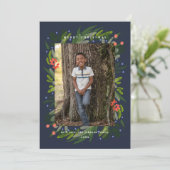 Navy Painted Greenery Lijst Photo Holiday Card Feestdagenkaart (Staand voorkant)