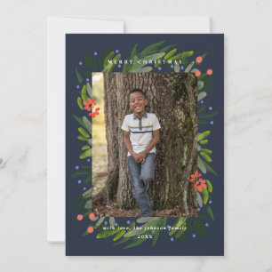 Navy Painted Greenery Lijst Photo Holiday Card Feestdagenkaart