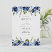 Navy Painterly Blossom Wedding Kaart (Staand voorkant)