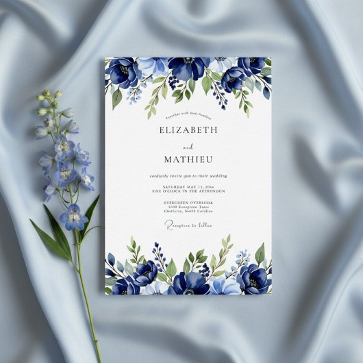 Navy Painterly Blossom Wedding Kaart