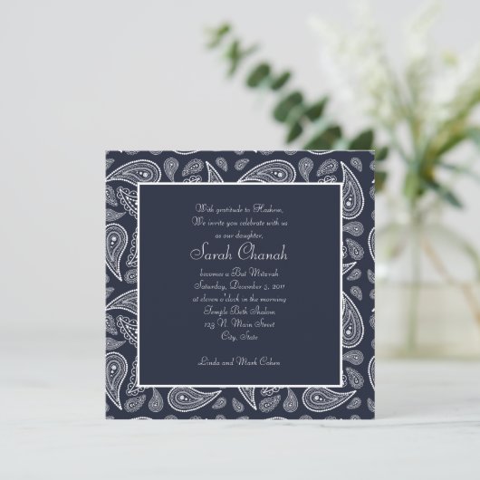 Navy Paisley Invitation Kaart (Staand voorkant)