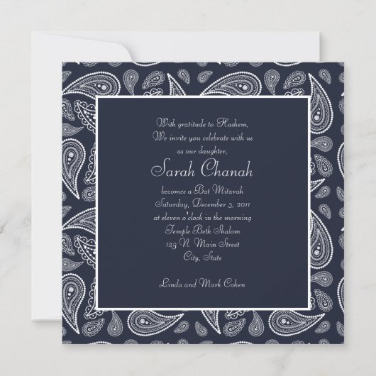 Navy Paisley Invitation Kaart (Voorkant)