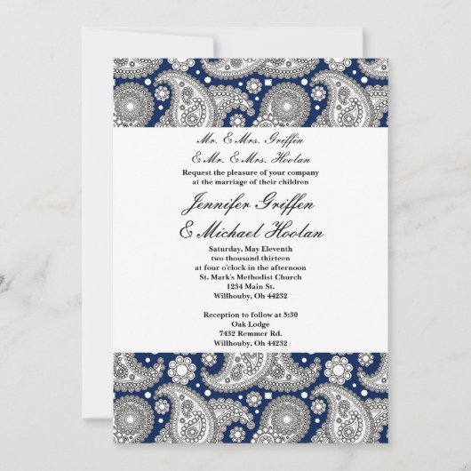 Navy Paisley Wedding Invitations Kaart (Voorkant)