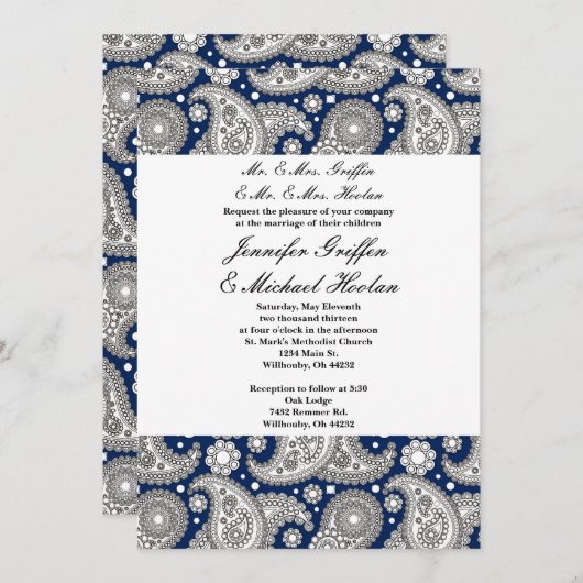 Navy Paisley Wedding Invitations Kaart (Voorkant / Achterkant)