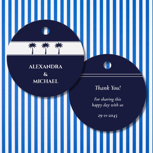 Navy Palm Tree Coastal Wedding Bedankt Bedankjes Labels