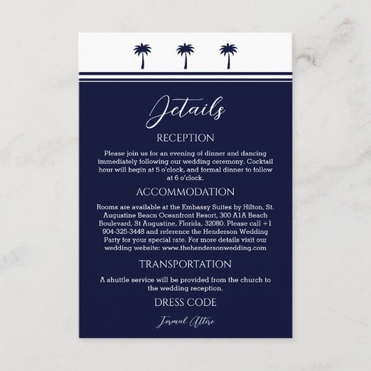 Navy Palm Tree Coastal Wedding Details Informatiekaartje (Voorkant)