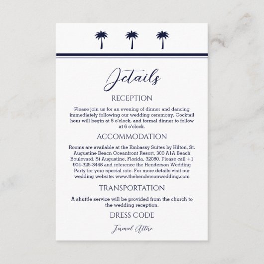 Navy Palm Tree Coastal Wedding Details Informatiekaartje (Voorkant)