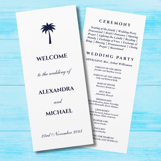 Navy Palm Tree Minimalistische Kustbruiloft Programmakaart