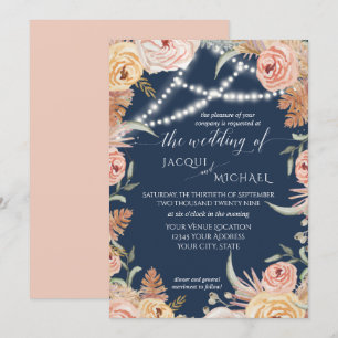 Navy Pampas Grass Blush Pink Floral Twinkle Lights Kaart