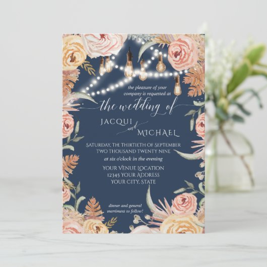 Navy Pampas Grass Blush Roze Bloemen Edison Lights Kaart (Staand voorkant)