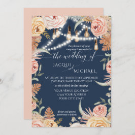 Navy Pampas Grass Blush Roze Bloemen Edison Lights Kaart