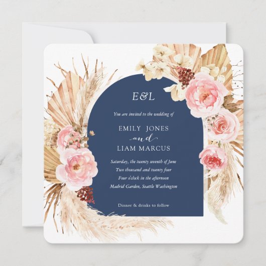Navy Pampas Grass Modern Boho Floral Square Kaart (Voorkant)