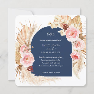 Navy Pampas Grass Modern Boho Floral Square Kaart